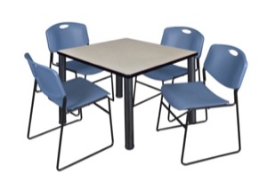 Kee 42" Square Breakroom Table - Maple/ Black & 4 Zeng Stack Chairs - Blue