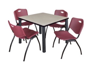 Kee 42" Square Breakroom Table - Maple/ Black & 4 'M' Stack Chairs - Burgundy