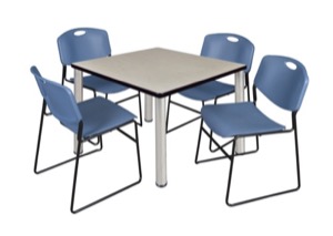 Kee 42" Square Breakroom Table - Maple/ Chrome & 4 Zeng Stack Chairs - Blue