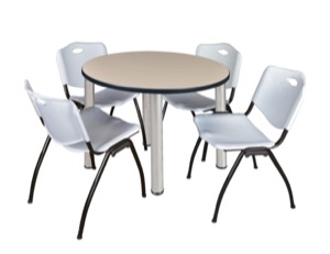 Kee 42" Round Breakroom Table - Beige/ Chrome & 4 'M' Stack Chairs - Grey