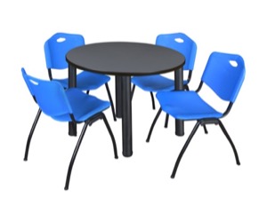 Kee 42" Round Breakroom Table - Grey/ Black & 4 'M' Stack Chairs - Blue