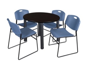 Kee 42" Round Breakroom Table - Mocha Walnut/ Black & 4 Zeng Stack Chairs - Blue