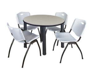 Kee 42" Round Breakroom Table - Maple/ Black & 4 'M' Stack Chairs - Grey