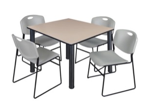 Kee 48" Square Breakroom Table - Beige/ Black & 4 Zeng Stack Chairs - Grey