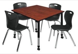 Kee 48" Square Height Adjustable  Mobile Classroom Table  - Cherry & 4 Andy 18-in Stack Chairs - Black