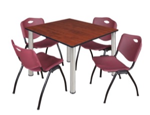 Kee 48" Square Breakroom Table - Cherry/ Chrome & 4 'M' Stack Chairs - Burgundy