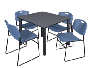 Kee 48" Square Breakroom Table - Grey/ Black & 4 Zeng Stack Chairs - Blue