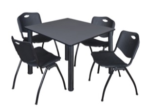 Kee 48" Square Breakroom Table - Grey/ Black & 4 'M' Stack Chairs - Black