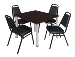 Kee 48" Square Breakroom Table - Mocha Walnut/ Chrome & 4 Restaurant Stack Chairs - Black