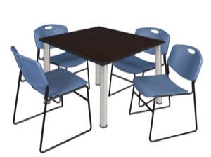 Kee 48" Square Breakroom Table - Mocha Walnut/ Chrome & 4 Zeng Stack Chairs - Blue