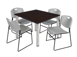 Kee 48" Square Breakroom Table - Mocha Walnut/ Chrome & 4 Zeng Stack Chairs - Grey