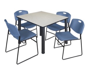 Kee 48" Square Breakroom Table - Maple/ Black & 4 Zeng Stack Chairs - Blue