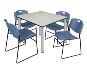 Kee 48" Square Breakroom Table - Maple/ Chrome & 4 Zeng Stack Chairs - Blue