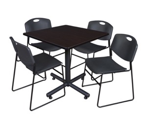 Kobe 36" Square Breakroom Table - Mocha Walnut  & 4 Zeng Stack Chairs - Black