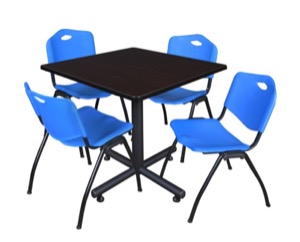 Kobe 36" Square Breakroom Table - Mocha Walnut  & 4 'M' Stack Chairs - Blue