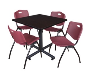 Kobe 36" Square Breakroom Table - Mocha Walnut  & 4 'M' Stack Chairs - Burgundy