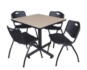 Kobe 42" Square Breakroom Table - Beige & 4 'M' Stack Chairs - Black