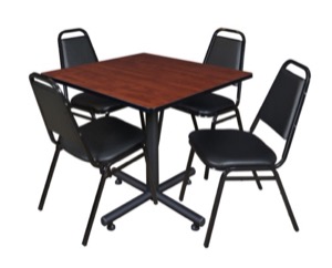 Kobe 42" Square Breakroom Table - Cherry & 4 Restaurant Stack Chairs - Black