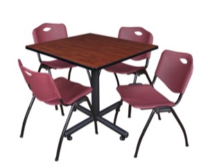 Kobe 42" Square Breakroom Table - Cherry & 4 'M' Stack Chairs - Burgundy