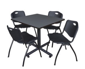 Kobe 42" Square Breakroom Table - Grey & 4 'M' Stack Chairs - Black