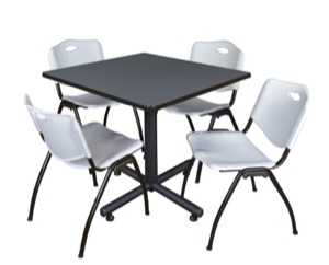 Kobe 42" Square Breakroom Table - Grey & 4 'M' Stack Chairs - Grey