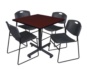 Kobe 42" Square Breakroom Table - Mahogany & 4 Zeng Stack Chairs - Black