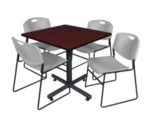 Kobe 42" Square Breakroom Table - Mahogany & 4 Zeng Stack Chairs - Grey