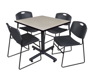 Kobe 42" Square Breakroom Table - Maple & 4 Zeng Stack Chairs - Black