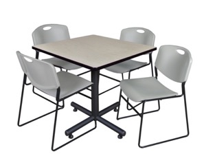 Kobe 42" Square Breakroom Table - Maple & 4 Zeng Stack Chairs - Grey