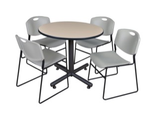 Kobe 42" Round Breakroom Table - Beige & 4 Zeng Stack Chairs - Grey