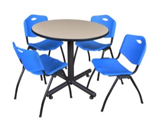 Kobe 42" Round Breakroom Table - Beige & 4 'M' Stack Chairs - Blue