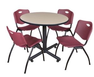 Kobe 42" Round Breakroom Table - Beige & 4 'M' Stack Chairs - Burgundy