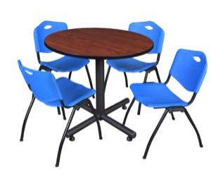 Kobe 42" Round Breakroom Table - Cherry & 4 'M' Stack Chairs - Blue