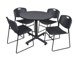 Kobe 42" Round Breakroom Table - Grey & 4 Zeng Stack Chairs - Black