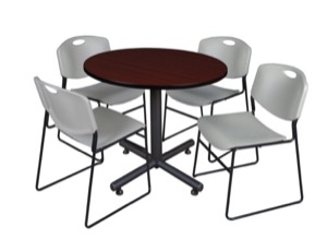 Kobe 42" Round Breakroom Table - Mahogany & 4 Zeng Stack Chairs - Grey