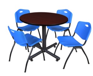 Kobe 42" Round Breakroom Table - Mahogany & 4 'M' Stack Chairs - Blue