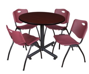 Kobe 42" Round Breakroom Table - Mahogany & 4 'M' Stack Chairs - Burgundy