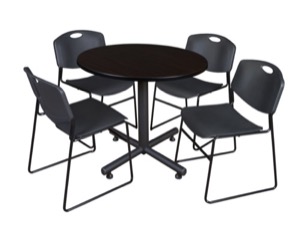 Kobe 42" Round Breakroom Table - Mocha Walnut  & 4 Zeng Stack Chairs - Black