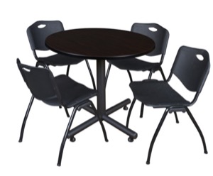 Kobe 42" Round Breakroom Table - Mocha Walnut  & 4 'M' Stack Chairs - Black