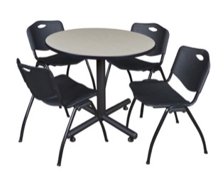 Kobe 42" Round Breakroom Table - Maple & 4 'M' Stack Chairs - Black