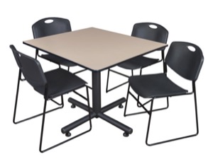 Kobe 48" Square Breakroom Table - Beige & 4 Zeng Stack Chairs - Black