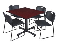 Kobe 48" Square Breakroom Table - Mahogany & 4 Zeng Stack Chairs - Black