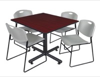 Kobe 48" Square Breakroom Table - Mahogany & 4 Zeng Stack Chairs - Grey