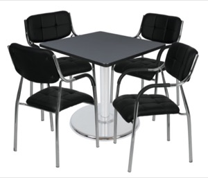 Via 36" Square Platter Base Table - Grey/Chrome & 4 Uptown Side Chairs - Black