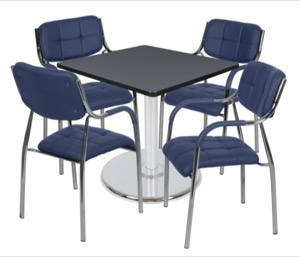 Via 36" Square Platter Base Table - Grey/Chrome & 4 Uptown Side Chairs - Navy