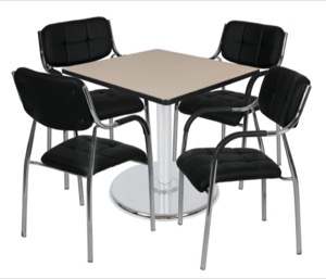 Via 42" Square Platter Base Table - Beige/Chrome & 4 Uptown Side Chairs - Black