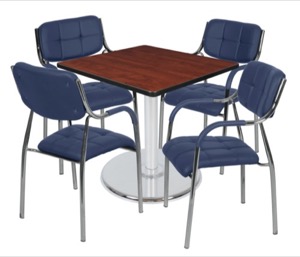 Via 42" Square Platter Base Table - Cherry/Chrome & 4 Uptown Side Chairs - Navy