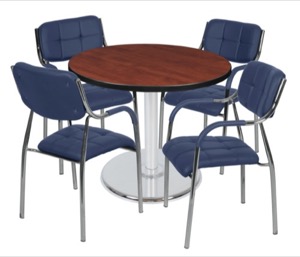 Via 42" Round Platter Base Table - Cherry/Chrome & 4 Uptown Side Chairs - Navy