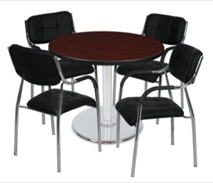 Via 42" Round Platter Base Table - Mahogany/Chrome & 4 Uptown Side Chairs - Black