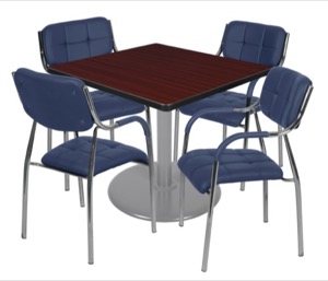 Via 48" Square Platter Base Table - Mahogany/Grey & 4 Uptown Side Chairs - Navy